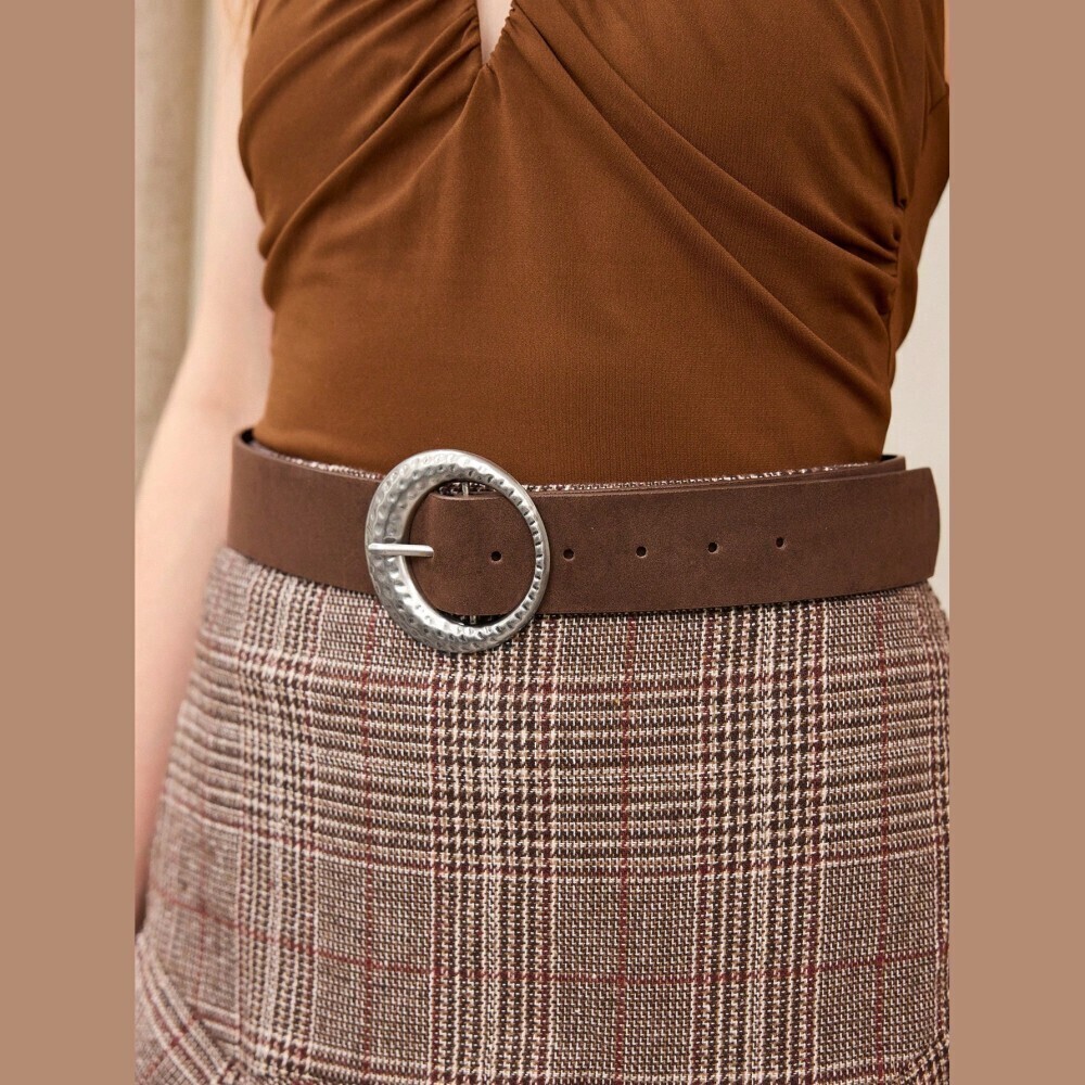 Brown Vegan Suede Belt with Hammered Silver Round Buckle
